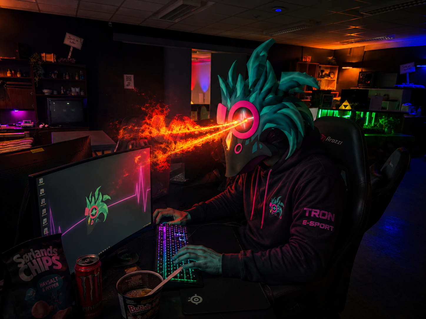 Three teenagers gaming intensely at an esports arena with computers and gaming chairs.